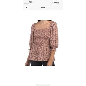 MAX STUDIO Smocked Boho Ditsy Floral Puff Sleeve Top Size L